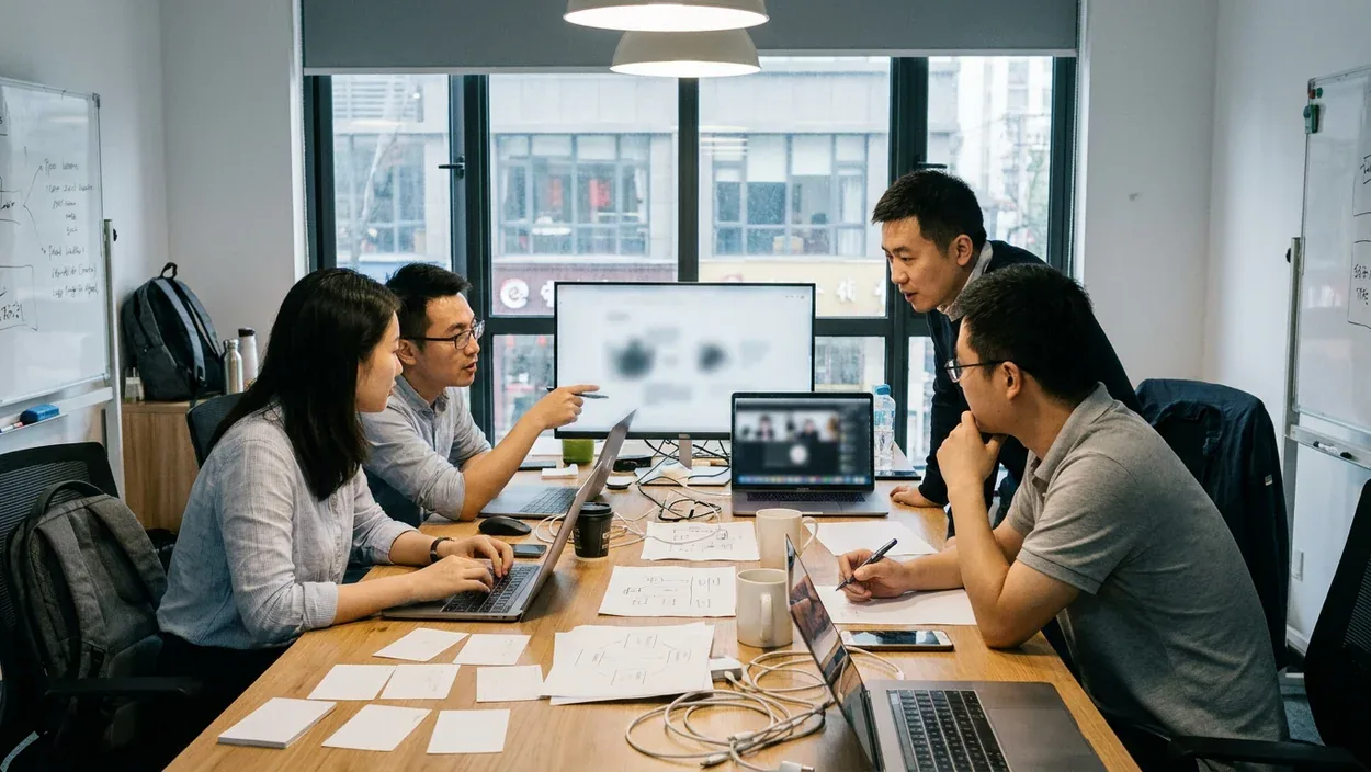 Marketing strategy team reviewing market research